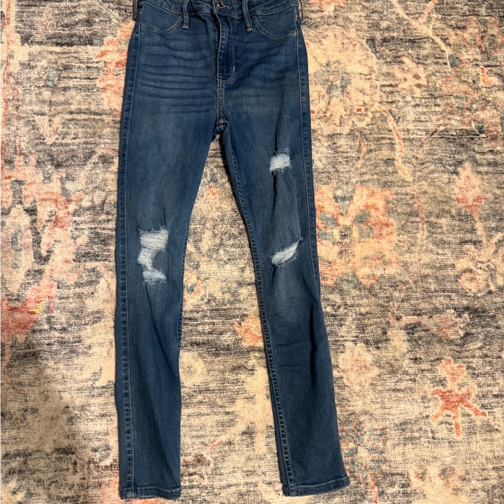 Hollister Women's Ripped Blue Skinny Jeans - Picture 2 of 3